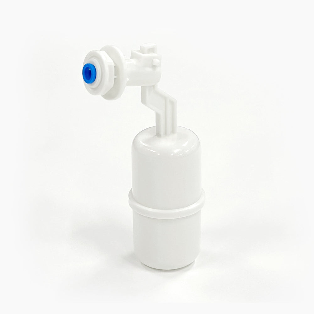 A Plastic Float with a white cylindrical body, angled arm, and blue top is shown on a plain background. Compatible with water filter models CLPOU520UVF4 and CLPOURO420SCV2.