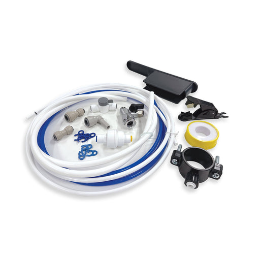 The Tankless RO System Kit includes tubing, connectors, clamps, a valve, Teflon tape, a cutter, and a mounting bracket, all arranged on a white background for straightforward water filter installation.