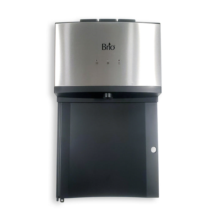 A Front Panel 530 Bottom Load Cooler in stainless steel and black, seen from the front, features top control buttons and indicator lights, plus a drip tray at the bottom.