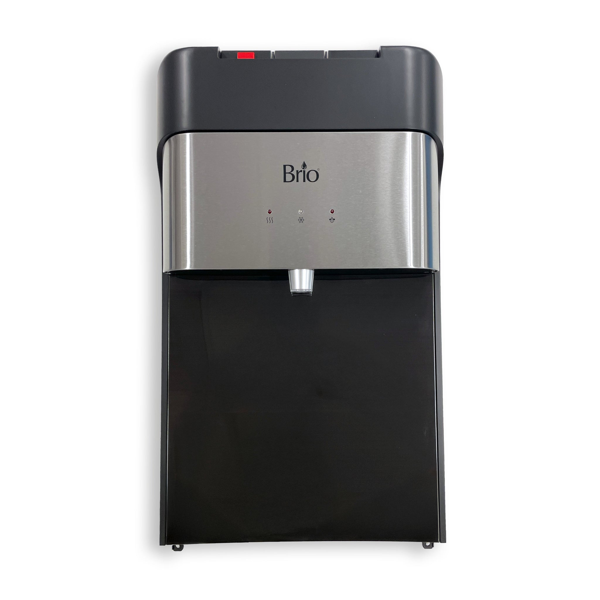 Front view of the Front Panel 430 Series Filtered Water Dispenser, featuring a stainless steel panel, three indicator lights, and one water spout—ideal for modern homes—displayed against a white background.