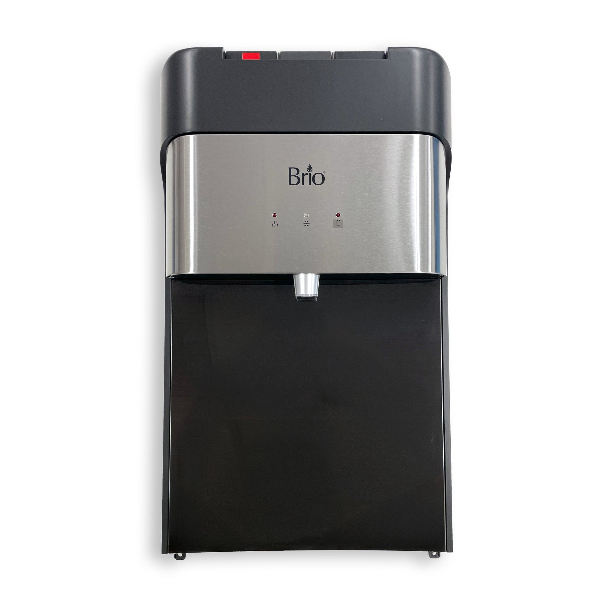 The Front Panel 430 Series Bottom Load Cooler in stainless steel and black features a single spout and indicator lights, shown wall-mounted from the front against a white background.