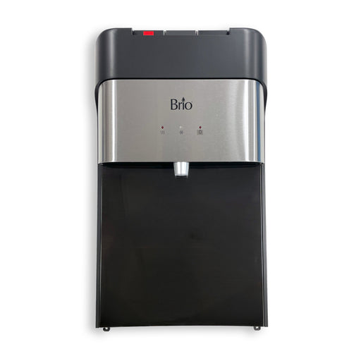 The Front Panel 430 Series Bottom Load Cooler in stainless steel and black features a single spout and indicator lights, shown wall-mounted from the front against a white background.