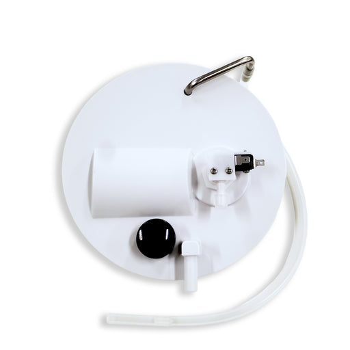 The Cold Tank Lid Set 430 Series Bottom Load Cooler is a white, circular accessory featuring a handle, cylindrical holder, round black button, small white knob, USB port, and flexible transparent tube on a plain white background.