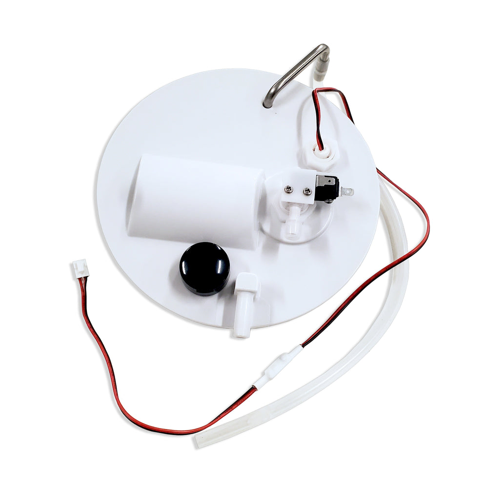 A white, circular Cold Tank Lid Set for 430 Series Filtered Dispensers features an attached cylindrical component, black knob, electronic wires, clear tube, and metal handle on top, viewed from above on a white background.