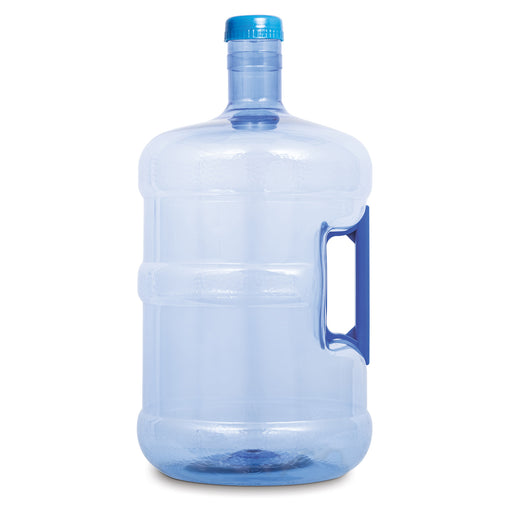 A 5-gallon blue PET plastic water bottle with a built-in handle and a blue screw cap