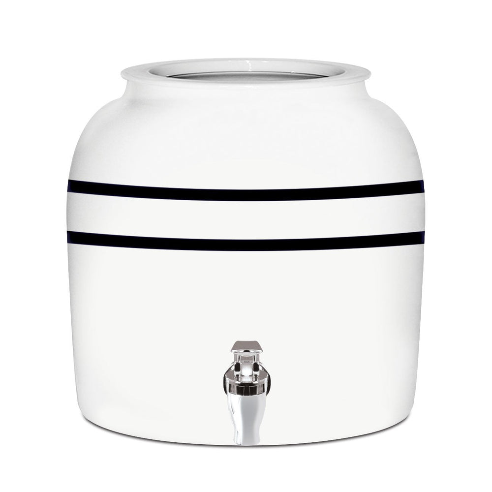 The GEO Porcelain Ceramic Crock Water Dispenser – Black Stripe is a BPA-free white ceramic crock with two black stripes and a metal spigot, ideal as a 5-gallon water bottle holder for your home or office.