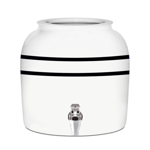 The GEO Porcelain Ceramic Crock Water Dispenser – Black Stripe is a BPA-free white ceramic crock with two black stripes and a metal spigot, ideal as a 5-gallon water bottle holder for your home or office.