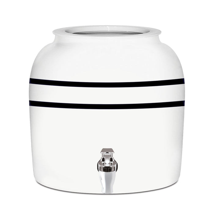 The GEO Porcelain Ceramic Crock Water Dispenser – Black Stripe is a BPA-free white ceramic crock with two black stripes and a metal spigot, ideal as a 5-gallon water bottle holder for your home or office.