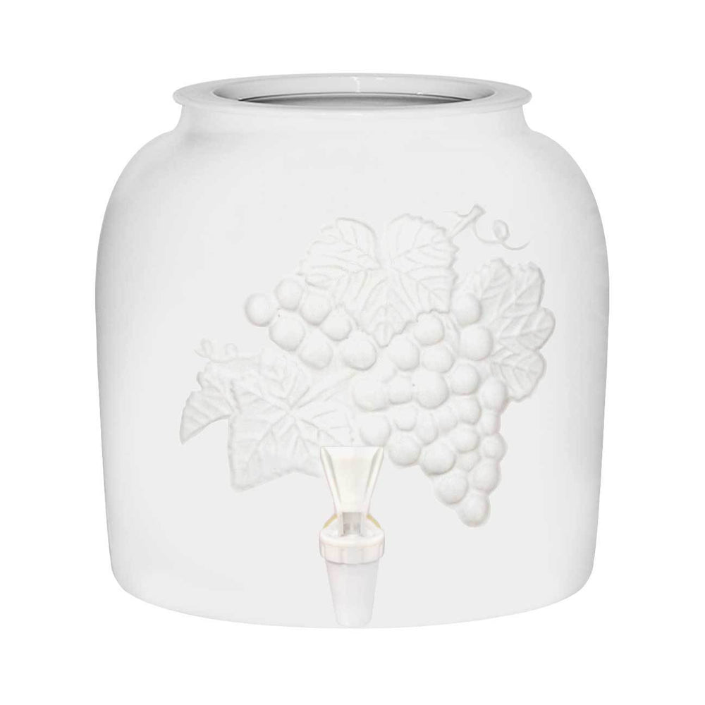 The GEO Porcelain Ceramic Crock Water Dispenser – Embossed Grapes features a white ceramic build with an embossed grapevine design and a BPA-free clear spigot, making it a stylish and practical water dispenser.