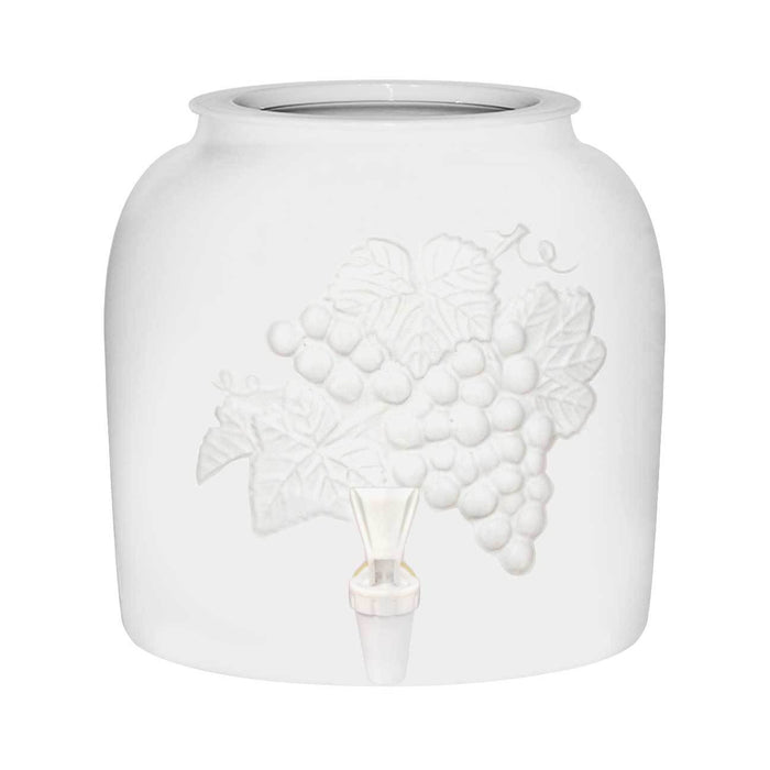 The GEO Porcelain Ceramic Crock Water Dispenser – Embossed Grapes features a white ceramic build with an embossed grapevine design and a BPA-free clear spigot, making it a stylish and practical water dispenser.