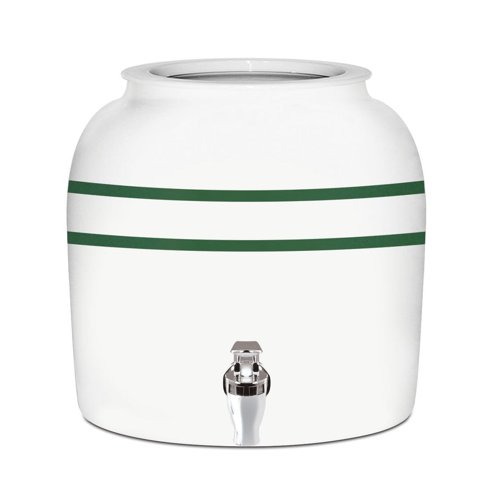 The GEO Porcelain Ceramic Crock Water Dispenser – Green Stripe is BPA-free, features two horizontal green stripes, and has a silver metal spigot at the bottom front.