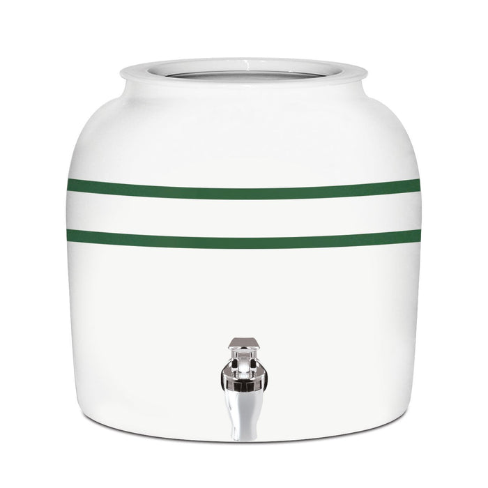 The GEO Porcelain Ceramic Crock Water Dispenser – Green Stripe is BPA-free, features two horizontal green stripes, and has a silver metal spigot at the bottom front.