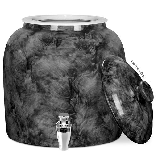 The GEO Porcelain Ceramic Crock Water Dispenser – Black Marble features a large, marbled gray and black ceramic body with a shiny metal spigot. Its matching BPA-free lid is removed and placed nearby with "Lid included" displayed beside it.