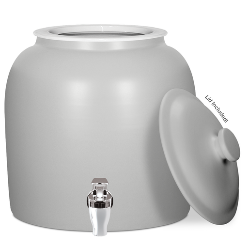 The GEO Porcelain Ceramic Crock Water Dispenser in matte gray is BPA-free, includes a removable lid and a shiny metal spigot at the front. "Lid Included" is displayed next to the lid.