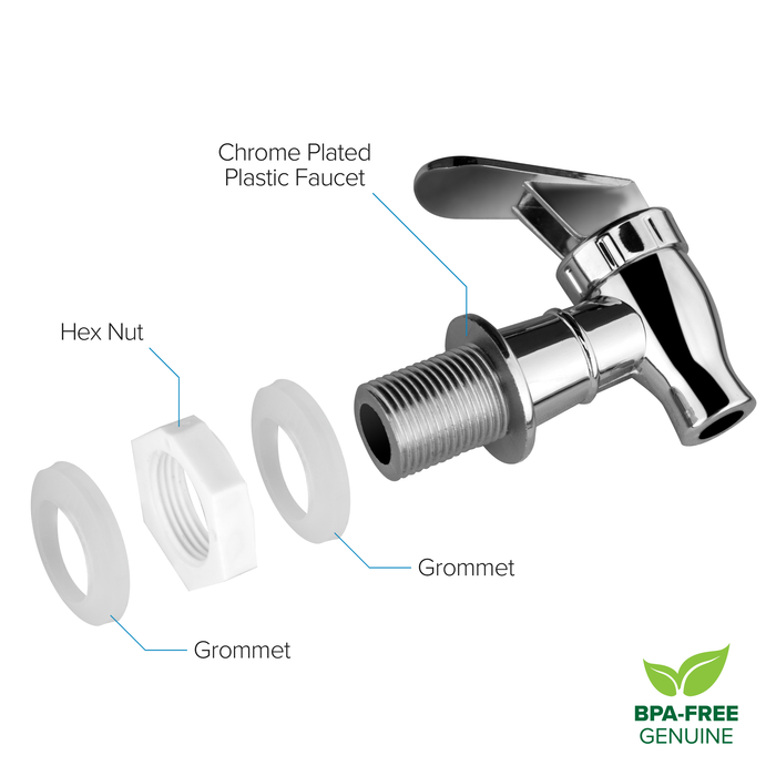 A labeled diagram of the GEO Porcelain Ceramic Crock Water Dispenser – Matte Colors shows its chrome-plated plastic faucet with hex nut, two grommets, and main faucet. The bottom right displays a BPA-free genuine badge.