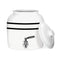 The GEO Porcelain Ceramic Crock Water Dispenser – Black Stripe features a white ceramic body with two black stripes, a silver spigot, and matching lid, providing a stylish, BPA-free way to serve drinks.