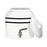 The GEO Porcelain Ceramic Crock Water Dispenser – Black Stripe features a white ceramic body with two black stripes, a silver spigot, and matching lid, providing a stylish, BPA-free way to serve drinks.