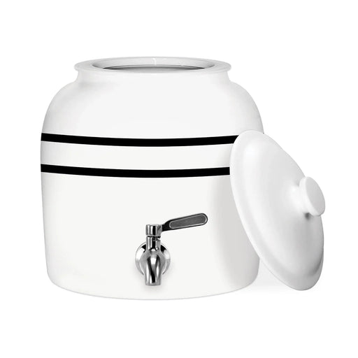 The GEO Porcelain Ceramic Crock Water Dispenser – Black Stripe features a white ceramic body with two black stripes, a silver spigot, and matching lid, providing a stylish, BPA-free way to serve drinks.