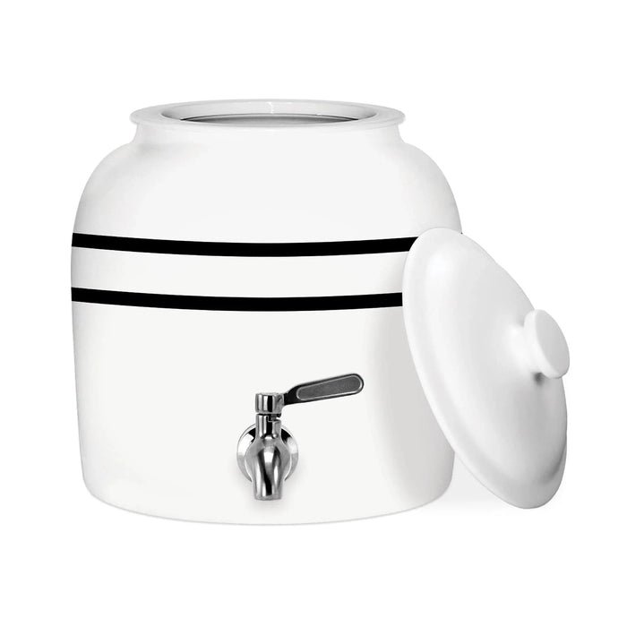 The GEO Porcelain Ceramic Crock Water Dispenser – Black Stripe features a white ceramic body with two black stripes, a silver spigot, and matching lid, providing a stylish, BPA-free way to serve drinks.