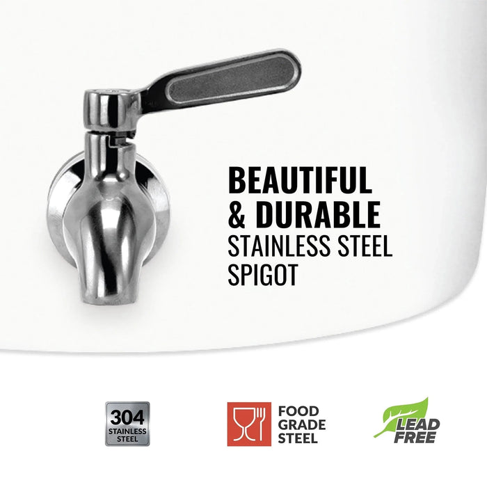 The GEO Porcelain Ceramic Crock Water Dispenser – Black Stripe features a stainless steel spigot with black handle. Text: Beautiful & durable stainless steel spigot. Icons: BPA-free, 304 stainless steel, food grade, lead free.