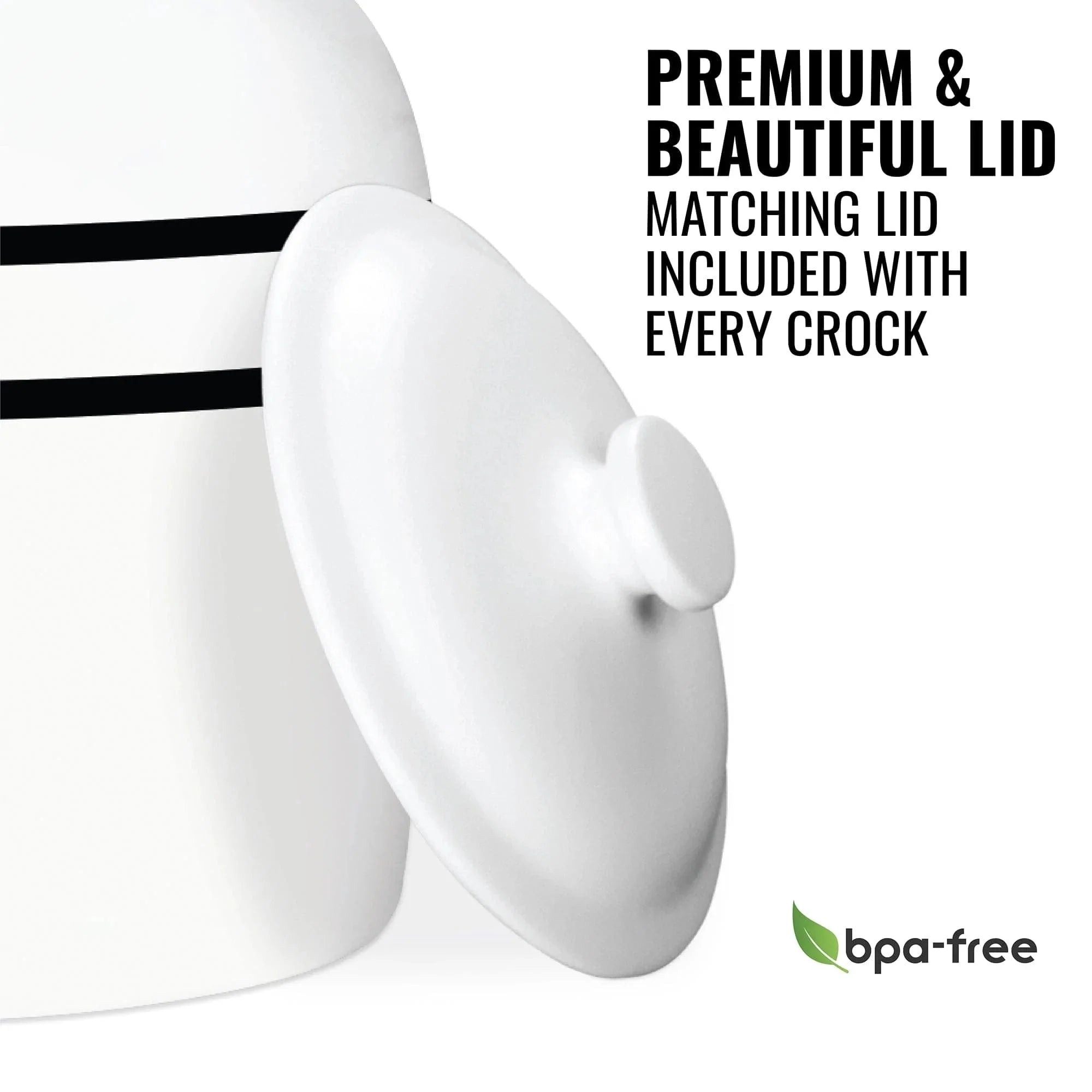 The GEO Porcelain Ceramic Crock Water Dispenser – Black Stripe is shown with a partially open matching lid. Black text reads, PREMIUM & BEAUTIFUL LID – Matching lid included with every ceramic water dispenser. BPA-free logo bottom right.