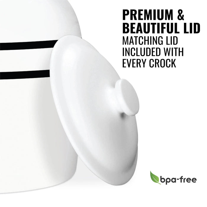 The GEO Porcelain Ceramic Crock Water Dispenser – Black Stripe is shown with a partially open matching lid. Black text reads, PREMIUM & BEAUTIFUL LID – Matching lid included with every ceramic water dispenser. BPA-free logo bottom right.