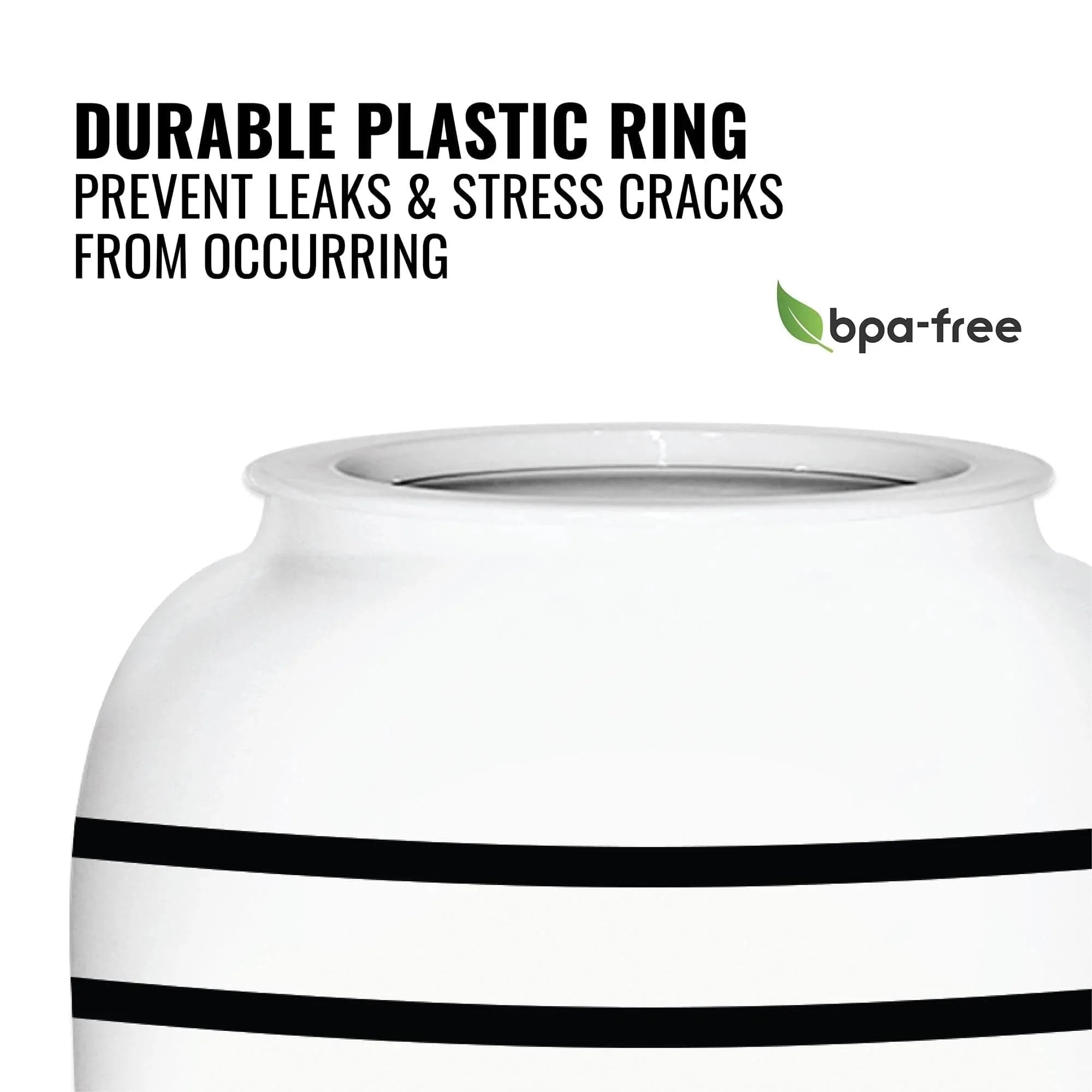 Close-up of the GEO Porcelain Ceramic Crock Water Dispenser – Black Stripe shows a durable plastic ring that prevents leaks and stress cracks. Features a BPA-free label and green leaf icon.