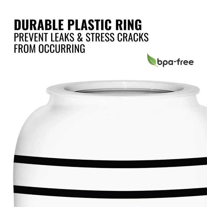 Close-up of the GEO Porcelain Ceramic Crock Water Dispenser – Black Stripe shows a durable plastic ring that prevents leaks and stress cracks. Features a BPA-free label and green leaf icon.