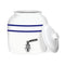 The GEO Porcelain Ceramic Crock Water Dispenser – Blue Stripe features a white ceramic body with two blue stripes, metal spigot, and removable lid. A BPA-free alternative to traditional 5-gallon water bottles, set against a plain white background.