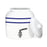 The GEO Porcelain Ceramic Crock Water Dispenser – Blue Stripe features a white ceramic body with two blue stripes, metal spigot, and removable lid. A BPA-free alternative to traditional 5-gallon water bottles, set against a plain white background.