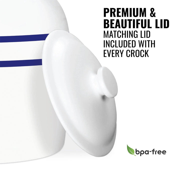 The GEO Porcelain Ceramic Crock Water Dispenser – Blue Stripe is pictured with its matching round lid. Text reads: Premium & beautiful lid. Every crock includes a matching lid. BPA-free logo displayed in the corner.