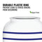 Partial image of the GEO Porcelain Ceramic Crock Water Dispenser – Blue Stripe, with a durable plastic ring at the opening. Text: Durable plastic ring prevents leaks & cracks, BPA-free label and green leaf icon shown.