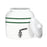 The GEO Porcelain Ceramic Crock Water Dispenser – Green Stripe is BPA-free with two green stripes, a silver spigot, and a matching removable lid placed to the side.