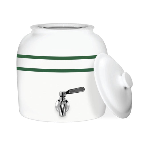 The GEO Porcelain Ceramic Crock Water Dispenser – Green Stripe is BPA-free with two green stripes, a silver spigot, and a matching removable lid placed to the side.