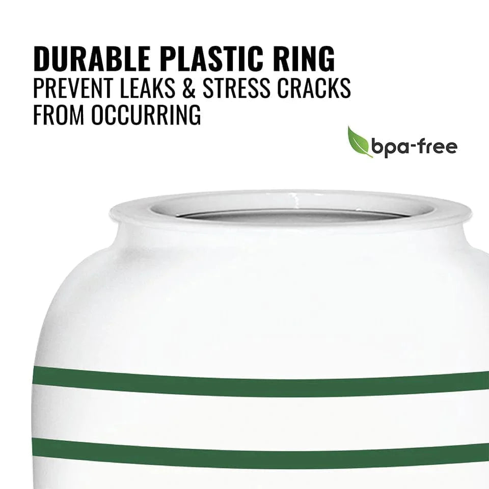 Close-up of the GEO Porcelain Ceramic Crock Water Dispenser – Green Stripe with a white 5-gallon bottled water, featuring a green-striped design and BPA-free label. Durable plastic ring at the opening helps prevent leaks and stress cracks. Perfect for your water crock setup!.