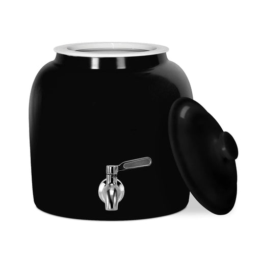 The GEO Porcelain Ceramic Crock Water Dispenser in black features a stainless steel spigot, matching black lid, and open top—ideal for use with a BPA-free 5-gallon water bottle.