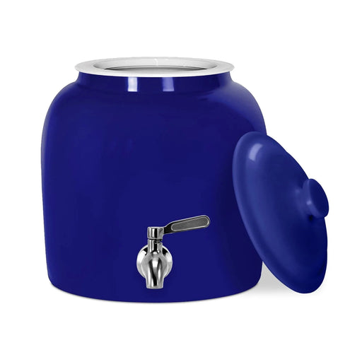 The GEO Porcelain Ceramic Crock Water Dispenser – Blue is a BPA-free blue ceramic crock with a silver spigot and matching blue lid, shown beside it on a white background.