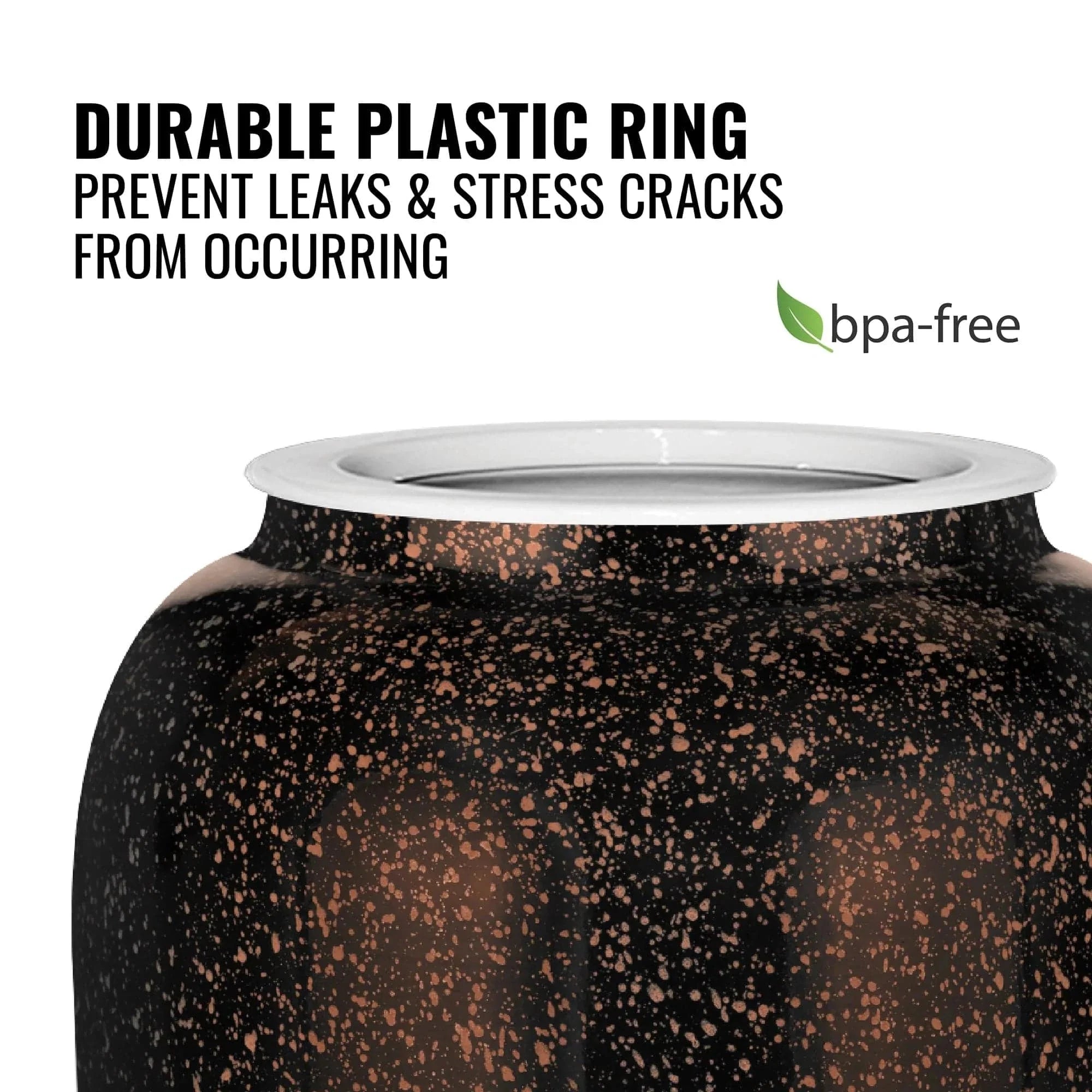 A close-up of the GEO Porcelain Ceramic Crock Water Dispenser in black with orange speckles and a white plastic ring. Text: Durable BPA-free ring prevents leaks & cracks. Features a green leaf label; ideal for any 5-gallon water bottle holder.