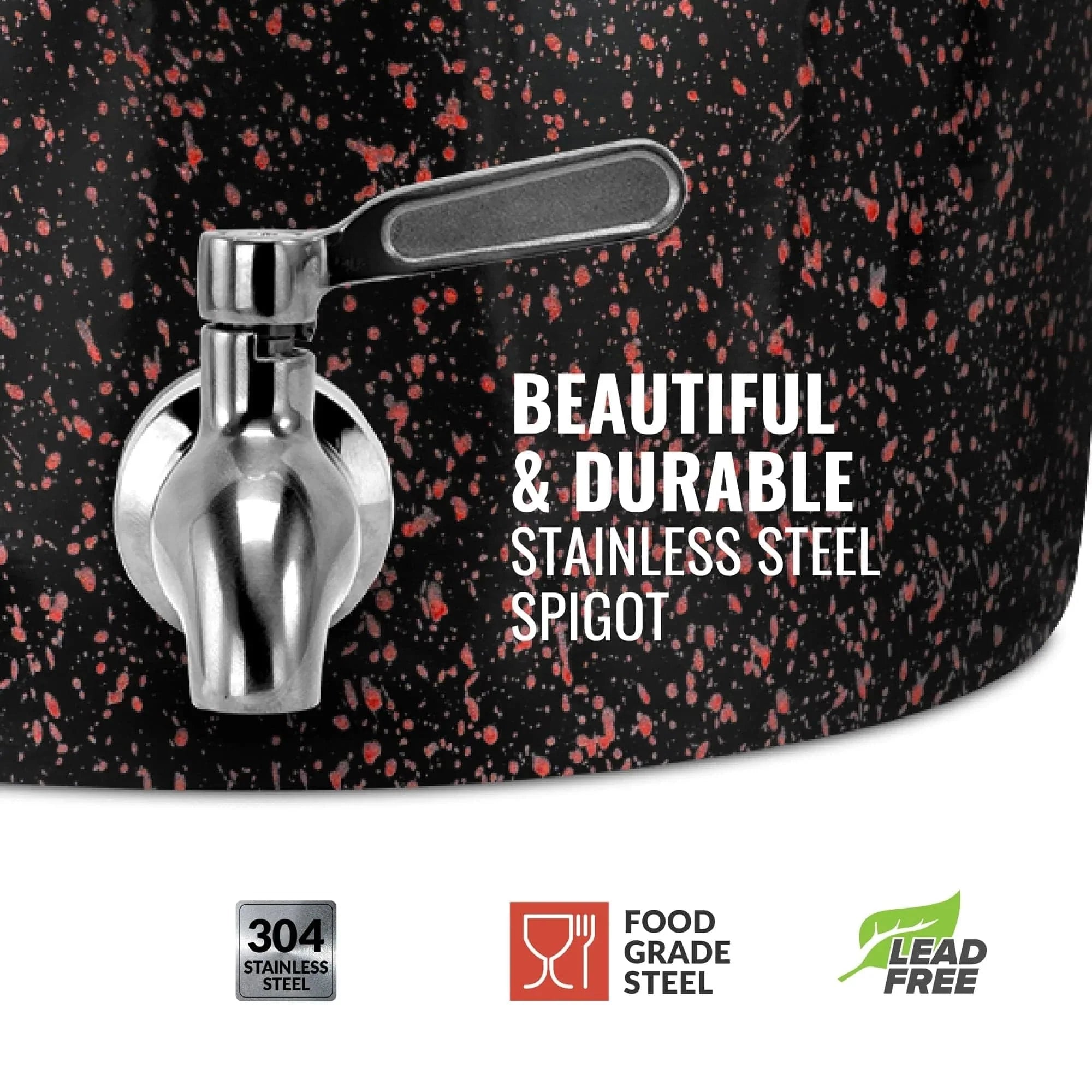 Close-up of the GEO Porcelain Ceramic Crock Water Dispenser – Black w/ Red Speckles with a 304 food-grade, BPA-free, lead-free stainless steel spigot. Text: Beautiful & Durable Stainless Steel Spigot.