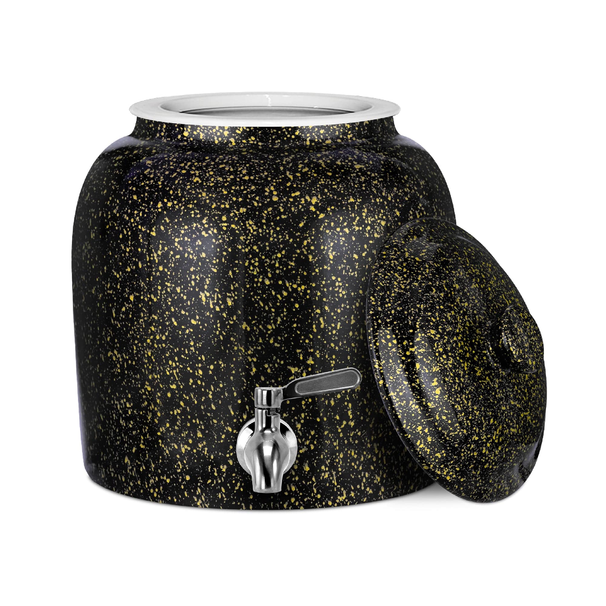 The GEO Porcelain Ceramic Crock Water Dispenser in black with yellow speckles features a metal spigot and matching removable lid, perfect for serving BPA-free drinks.