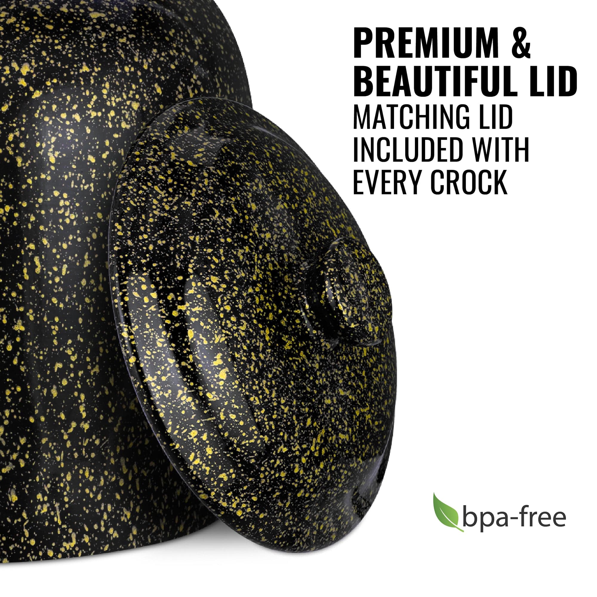 The GEO Porcelain Ceramic Crock Water Dispenser in black with yellow speckles is shown with a matching lid. Text: "Premium & Beautiful Lid." Every crock includes a matching lid. BPA-free label with green leaf appears in the corner.