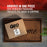 A box labeled GEO Porcelain Ceramic Crock Water Dispenser – Black w/ Yellow Speckles sits on a welcome doormat by a red door. Text above: Arrives in one piece. Our secure packaging protects your BPA-free ceramic water dispenser.
