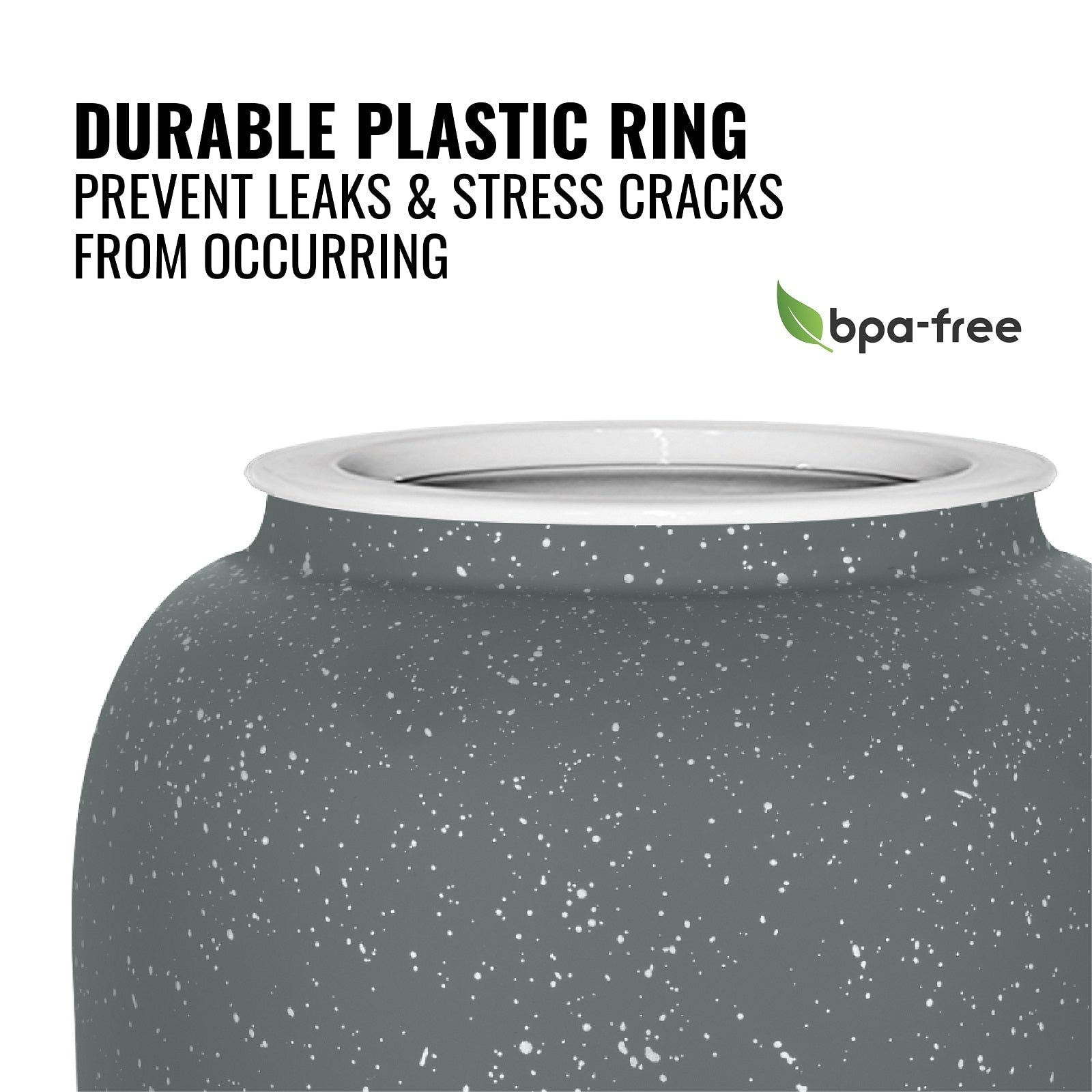 Close-up of the GEO Porcelain Ceramic Crock Water Dispenser in dark gray speckled finish. Features a durable plastic ring to prevent leaks & stress cracks, BPA-free label, and green leaf icon for eco-friendliness.