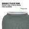 Close-up of the GEO Porcelain Ceramic Crock Water Dispenser in dark gray speckled finish. Features a durable plastic ring to prevent leaks & stress cracks, BPA-free label, and green leaf icon for eco-friendliness.