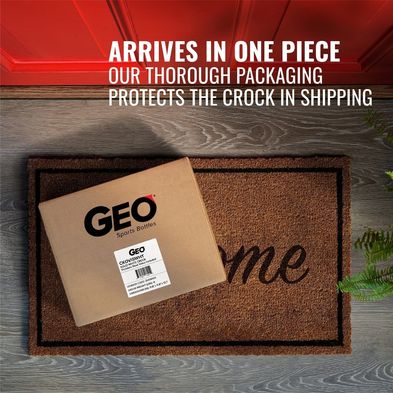A cardboard box labeled GEO Porcelain Ceramic Crock Water Dispenser – Pink sits on a doormat by a red door. Text above reads: Arrives in one piece. Our thorough packaging protects your dispenser during shipping.