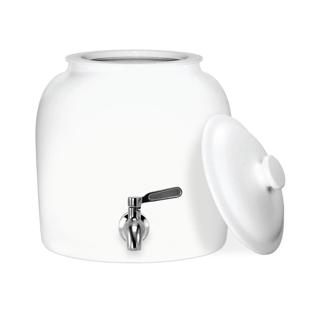 The GEO Porcelain Ceramic Crock Water Dispenser – White features a lid, front metal spigot, and suits BPA-free 3 or 5 gallon bottles—ideal for stylish and convenient water dispensing.