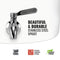 Close-up of a stainless steel spigot attached to the GEO Porcelain Ceramic Crock Water Dispenser – White. Text: Beautiful & durable stainless steel spigot. Icons: BPA-free, 304 Stainless Steel, Food Grade Steel, and Lead Free.