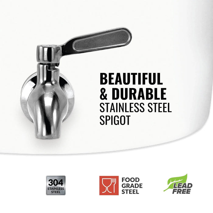 Close-up of a stainless steel spigot attached to the GEO Porcelain Ceramic Crock Water Dispenser – White. Text: Beautiful & durable stainless steel spigot. Icons: BPA-free, 304 Stainless Steel, Food Grade Steel, and Lead Free.