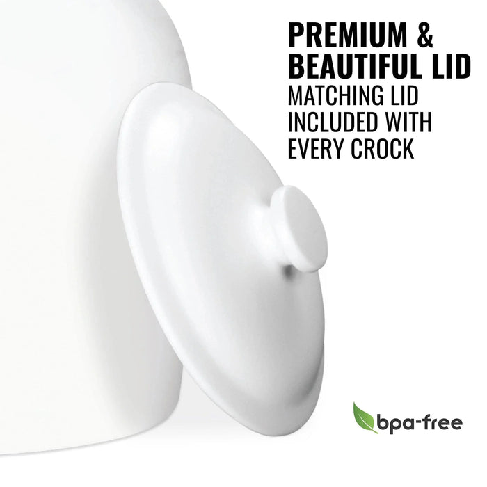 The GEO Porcelain Ceramic Crock Water Dispenser – White features a matching premium lid, included with every crock. BPA-free, with a green leaf logo. Fits 3 and 5 gallon bottles.
