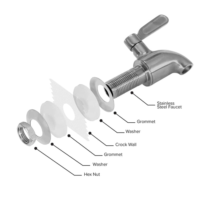 Exploded diagram of the GEO Porcelain Ceramic Crock Water Dispenser – White, showing labeled stainless steel faucet parts: hex nut, washer, grommet, crock wall, washer, grommet, and faucet. Fits 3 and 5 gallon bottles.